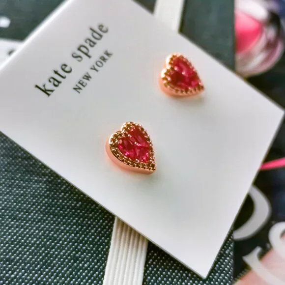 New Rose Gold Kate Spade Spell It Out Heart Red Stud Earrings - Picture 2 of 3